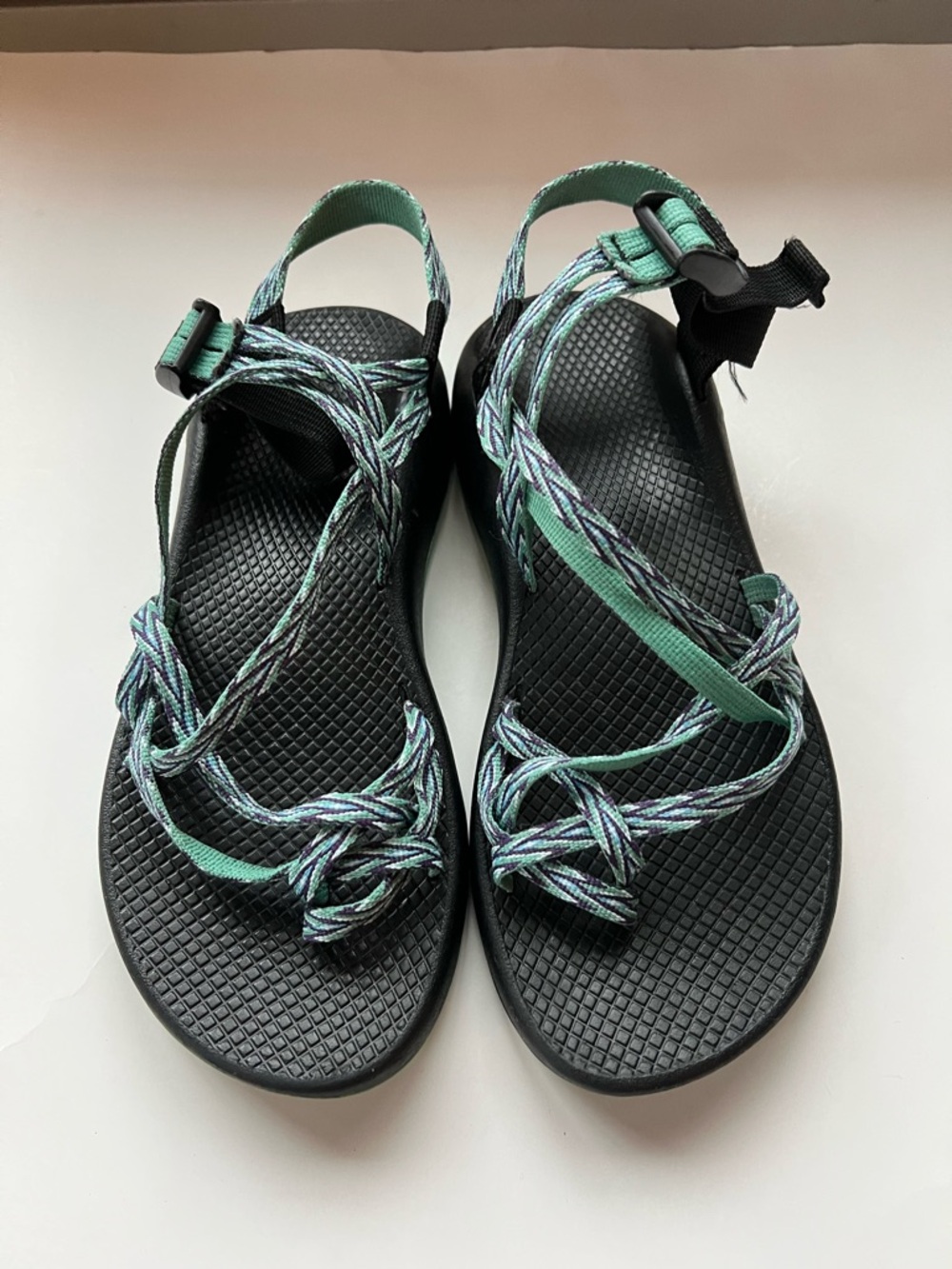 Chaco ZX2 Black Sandals with Green Braided Straps